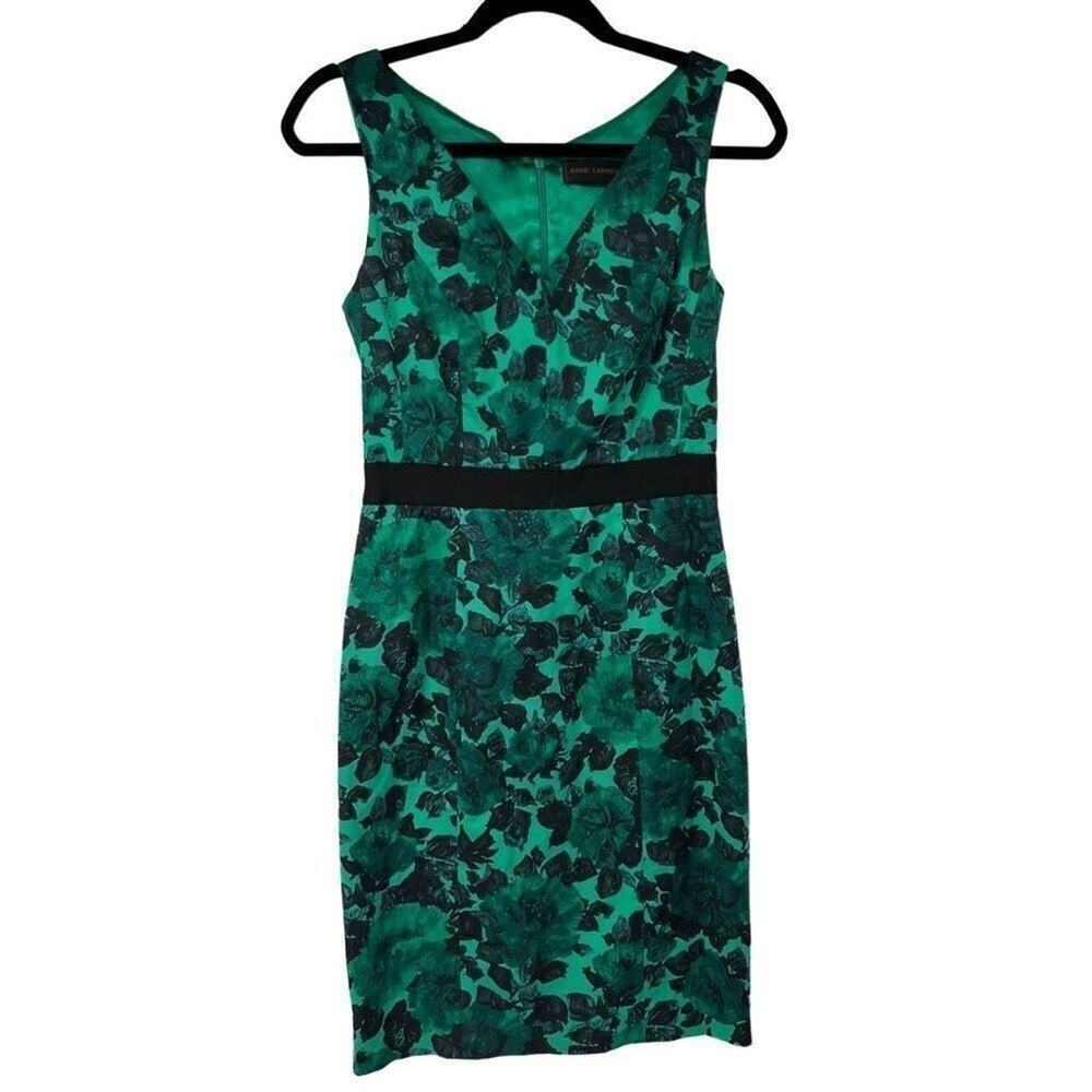 David Lawrence Green Black Floral V Neck Dress